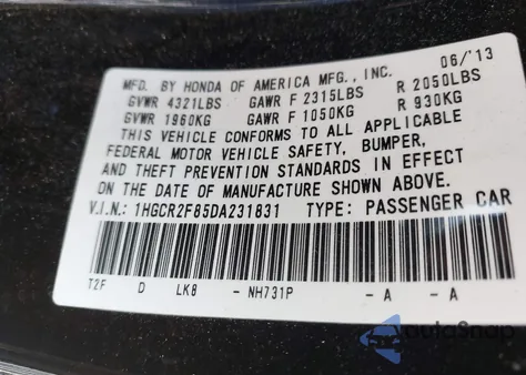 2013 Honda Accord Ex-L from USA, damaged, VIN 1HGCR2F85DA231831
